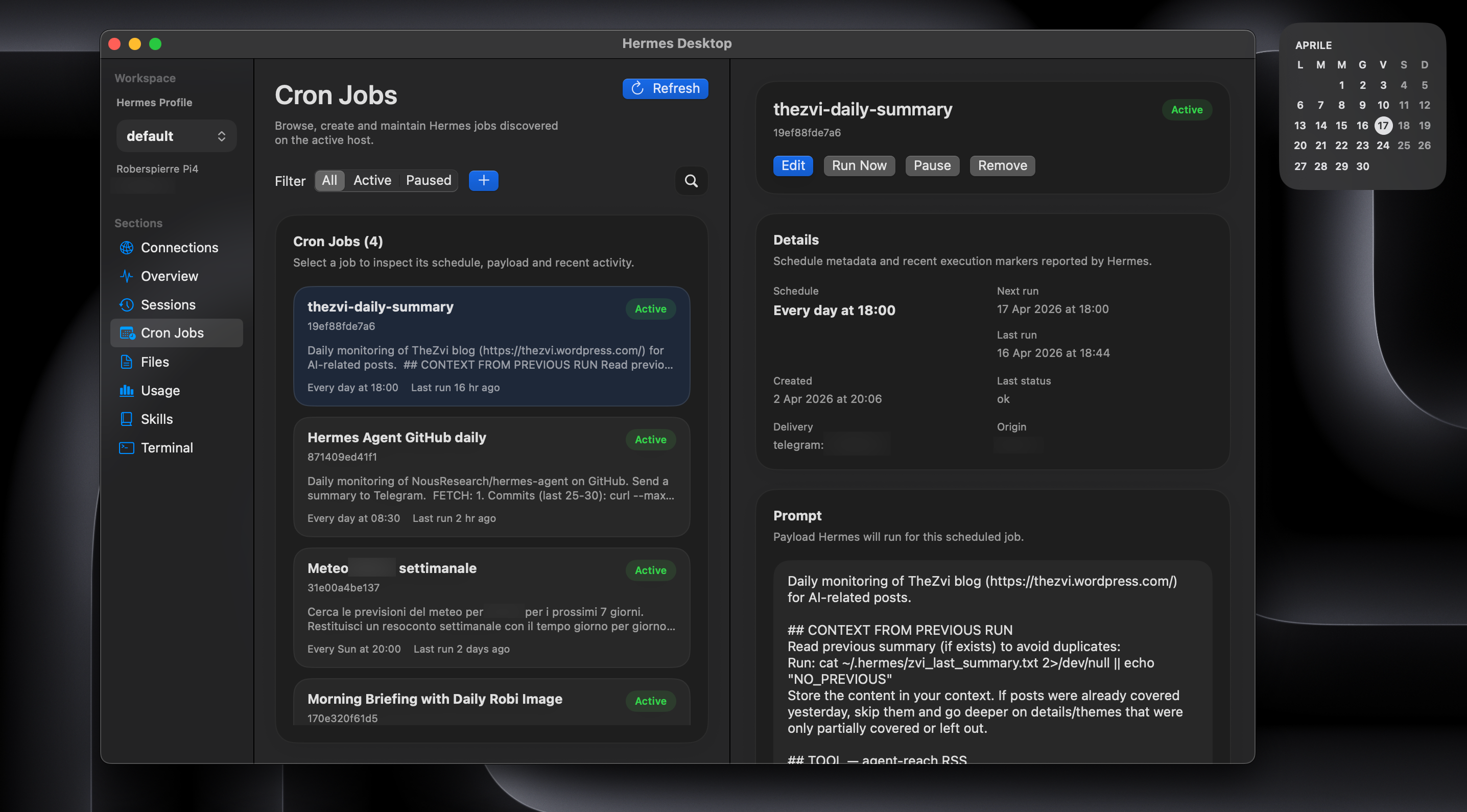 Hermes Desktop Cron Jobs view